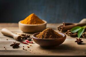 curry powder and spices in wooden bowls on a wooden table. AI-Generated photo