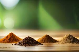 various spices and spices on a wooden table. AI-Generated photo