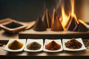 spices on a table with fire and smoke. AI-Generated photo