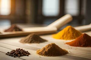 various spices and spices on a wooden table. AI-Generated photo