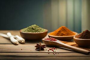 spices and herbs in wooden bowls on a wooden table. AI-Generated photo