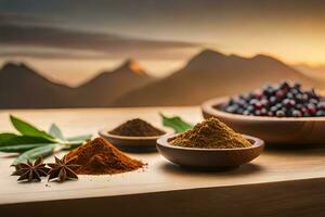 spices and herbs on wooden table with mountains in the background. AI-Generated photo