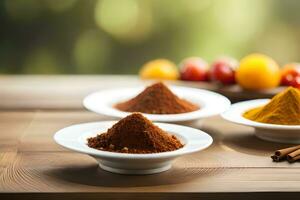 three bowls of spices on a wooden table. AI-Generated photo