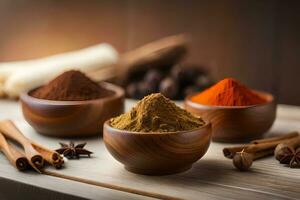 spices in bowls on wooden table. AI-Generated photo