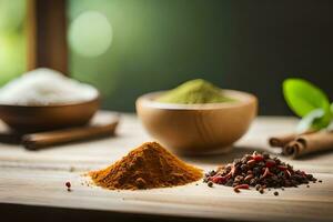 spices and spices on a wooden table. AI-Generated photo