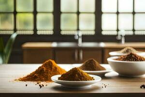 spices in bowls on a wooden table. AI-Generated photo