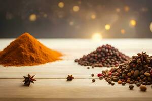 spices and spices on wooden table with bokeh. AI-Generated photo