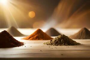 different types of spices on a wooden table. AI-Generated photo