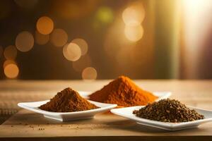 three different types of spices are shown in white bowls. AI-Generated photo