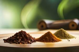 three different types of spices on a wooden board. AI-Generated photo