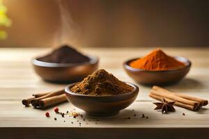 spices and spices in bowls on a wooden table. AI-Generated photo