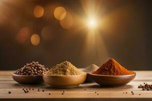 spices and spices on wooden table with light background. AI-Generated photo