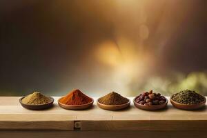 various spices in bowls on wooden table. AI-Generated photo