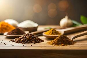 various spices and spices on a wooden table. AI-Generated photo