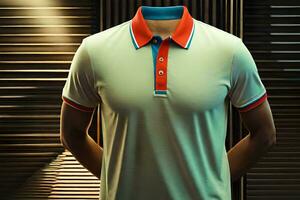 a mannequin wearing a polo shirt with red and blue trim. AI-Generated photo