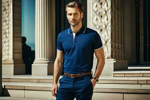 a man in a blue polo shirt and pants. AI-Generated photo