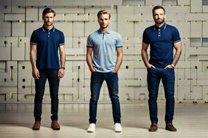 three men in blue polo shirts standing in front of a wall. AI-Generated photo