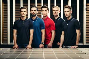 five men in polo shirts standing in front of a brick wall. AI-Generated photo