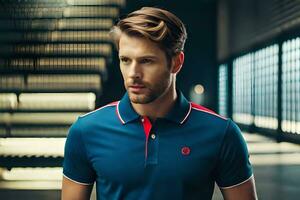 a man in a blue polo shirt and red trim. AI-Generated photo