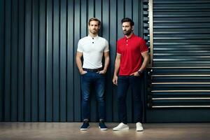 two men in red and white polo shirts standing next to each other. AI-Generated photo