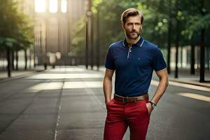 a man in a blue shirt and red pants. AI-Generated photo