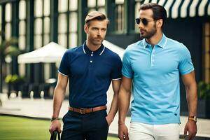 two men in blue and white polo shirts walking on the grass. AI-Generated photo