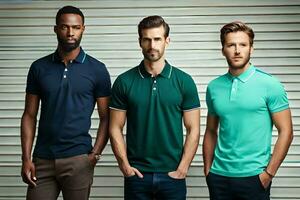 three men wearing polo shirts standing next to each other. AI-Generated photo