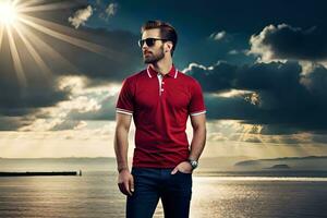 a man in sunglasses and a red polo shirt standing on the beach. AI-Generated photo