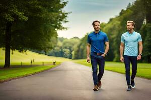 two men walking down a road in blue shirts. AI-Generated photo