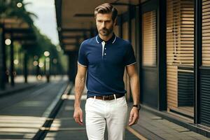 a man in a blue polo shirt and white pants. AI-Generated photo