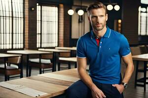 a man in a blue polo shirt sitting at a table. AI-Generated photo