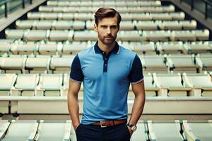 a man in a blue polo shirt standing in an empty stadium. AI-Generated photo