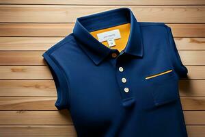 a blue polo shirt with yellow accents. AI-Generated photo