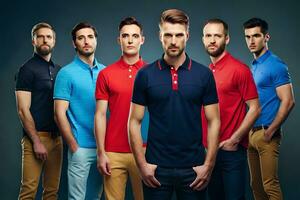 un grupo de hombres en diferente colores de polo camisas generado por ai foto