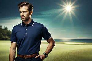 a man in a blue polo shirt standing on a golf course. AI-Generated photo