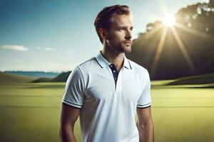 a man in a white polo shirt standing on a golf course. AI-Generated photo