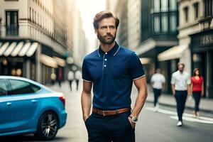 a man in a blue polo shirt standing on a city street. AI-Generated photo
