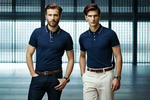 two men in blue polo shirts and white pants. AI-Generated photo