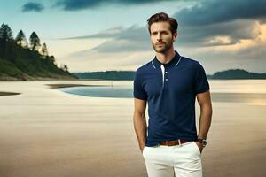 a man in a blue polo shirt standing on the beach. AI-Generated photo