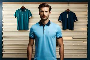 a man standing in front of a wall with three polo shirts. AI-Generated photo