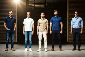 cinco hombres en diferente polo camisas en pie en frente de un edificio. generado por ai foto