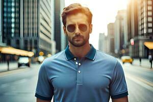 un hombre en Gafas de sol y un azul polo camisa en pie en un ciudad calle. generado por ai foto
