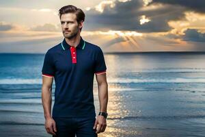 a man in a blue polo shirt standing on the beach. AI-Generated photo