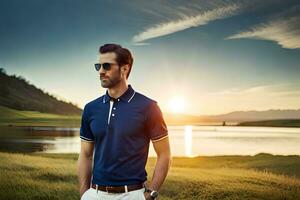 un hombre en un azul polo camisa y Gafas de sol en pie en frente de un lago. generado por ai foto