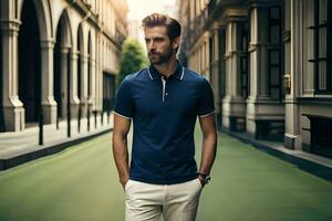 a man in a blue polo shirt and white pants. AI-Generated photo