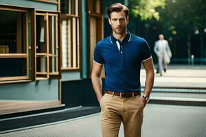 a man in a blue polo shirt and khaki pants. AI-Generated photo