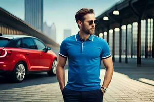 a man in a blue polo shirt standing next to a red car. AI-Generated photo