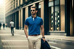 a man in a blue polo shirt and khaki pants walking down a street. AI-Generated photo