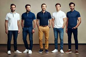 cinco hombres en diferente polo camisas generado por ai foto