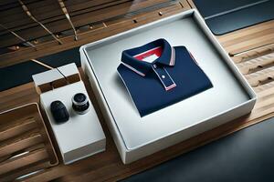 a blue polo shirt is sitting in a box. AI-Generated photo